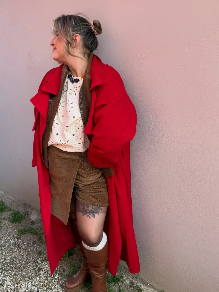 Red Coat with Brown Shorts and Knee High Boots Plus Size
