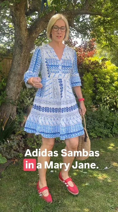 Blue Printed Boho Dress with Red Adidas Samba Mary Janes