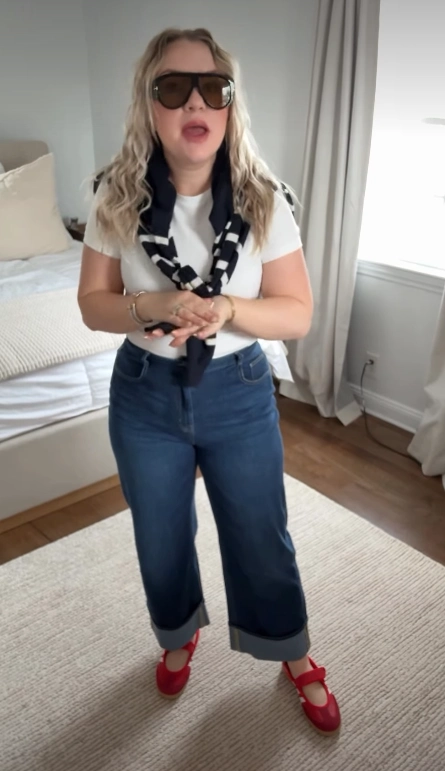 White Tee with Cuffed Dark Jeans and Red Samba Janes