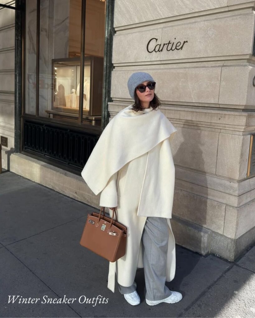 Caped Wool Coat and Grey Trousers with White Sneakers