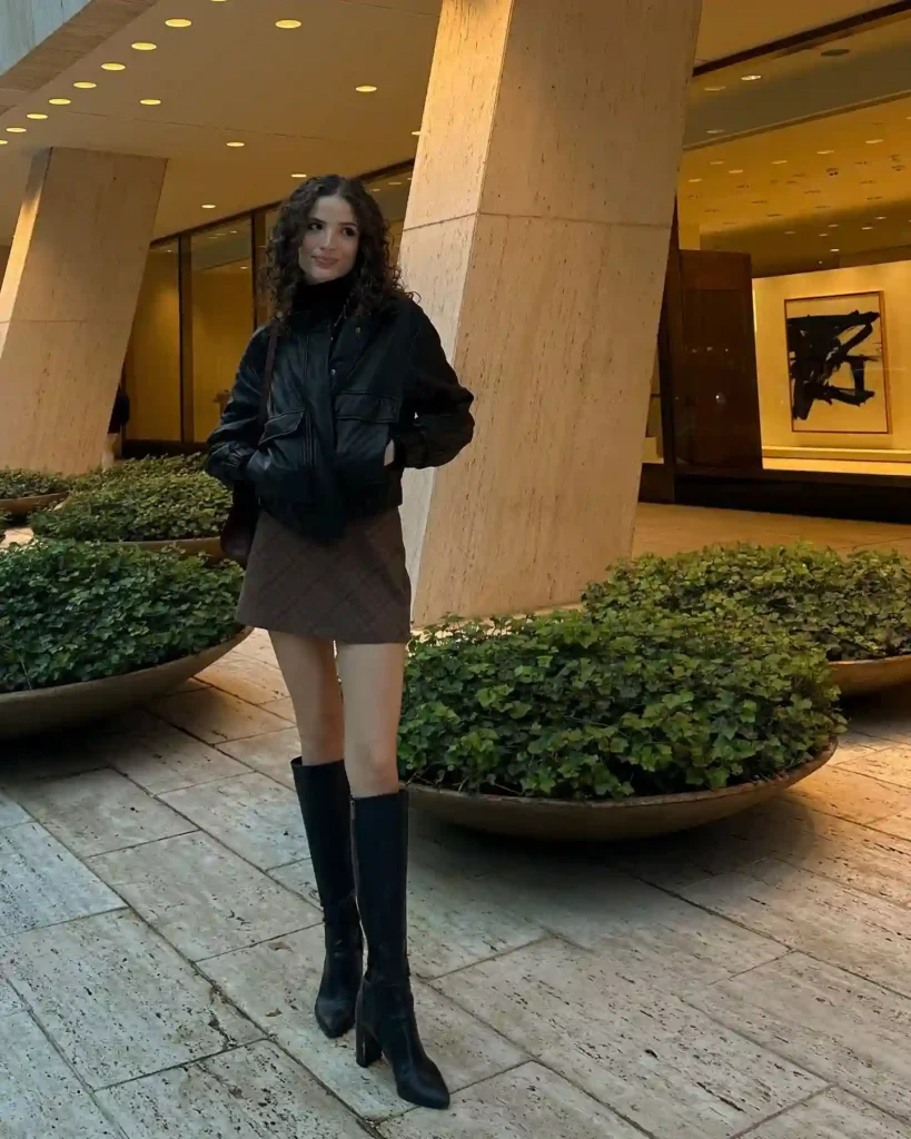 Black Leather Bomber with Plaid Mini Skirt and Knee High Boots