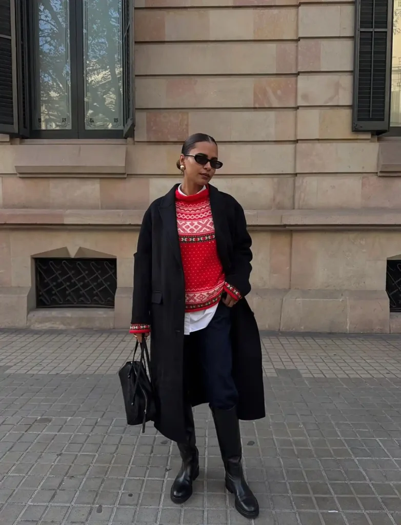 Fair Isle Sweater with Black Coat and Tall Boots