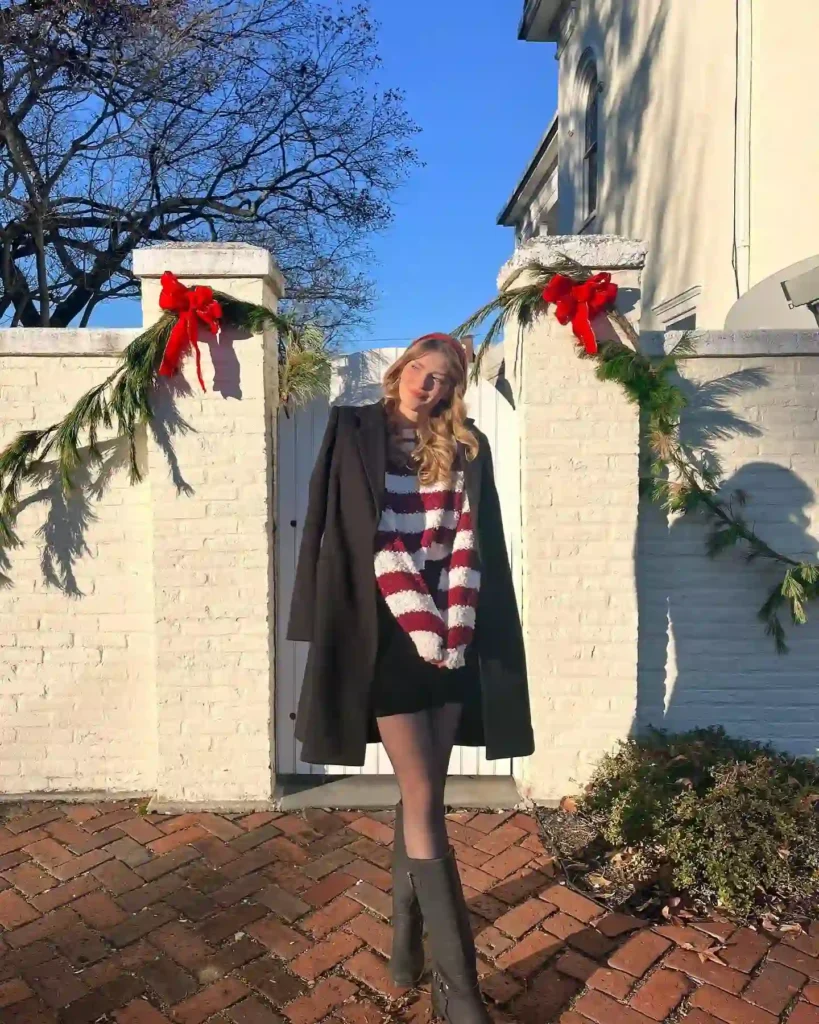 Striped Knit Sweater with Long Coat and Tall Boots