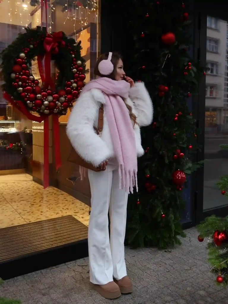 White Fur Jacket with Pink Scarf and Tan Uggs