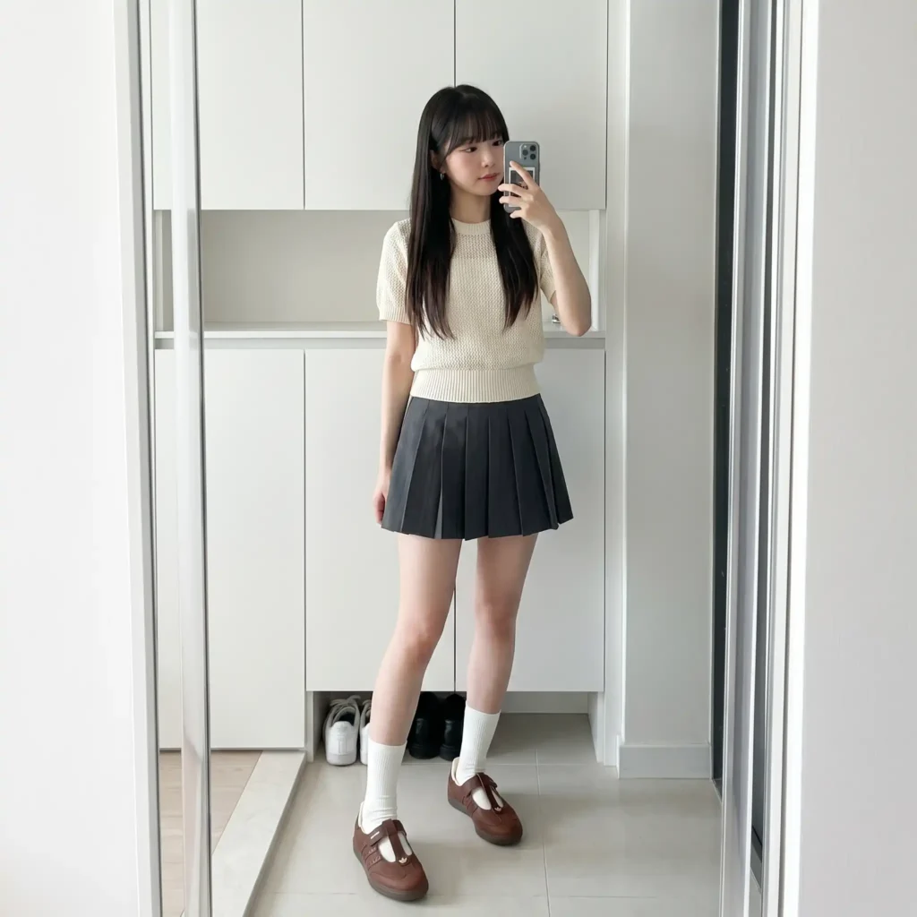Knit Top with Mini Skirt and Brown Adidas Samba Jane