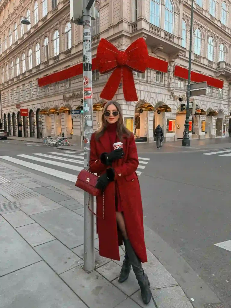 Monochrome Red Coat with Turtleneck and Black Boots