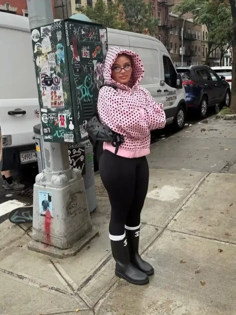 Polka-Dot Hoodie and Black Rain Boots for City Drizzle