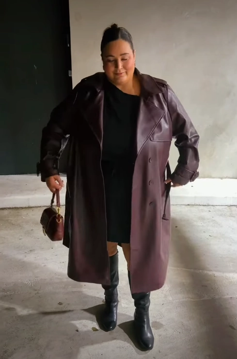 Burgundy Leather Coat with Knee High Boots Plus Size