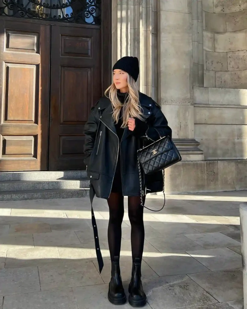 Oversized Leather Jacket and Beanie with Chelsea Black Boots