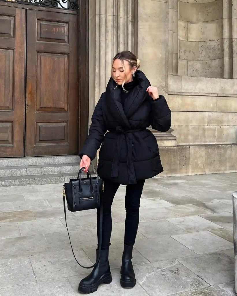 Belted Puffer Coat and Skinny Jeans with Chunky Black Boots