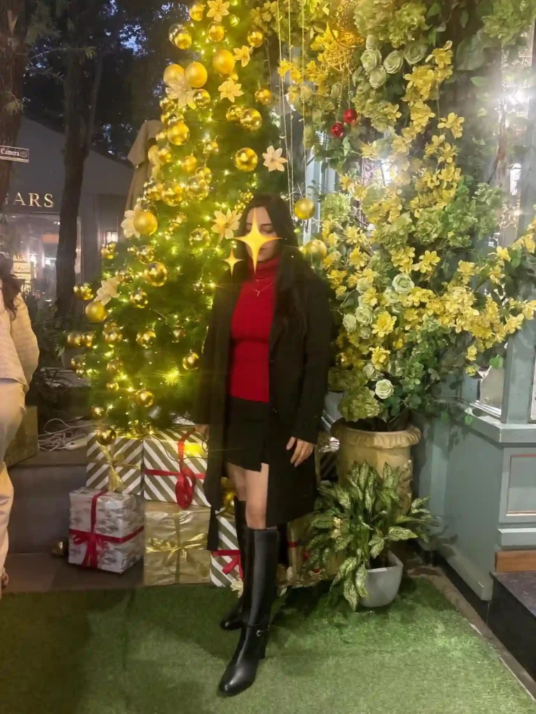 Red Turtleneck with Black Coat and Riding Boots