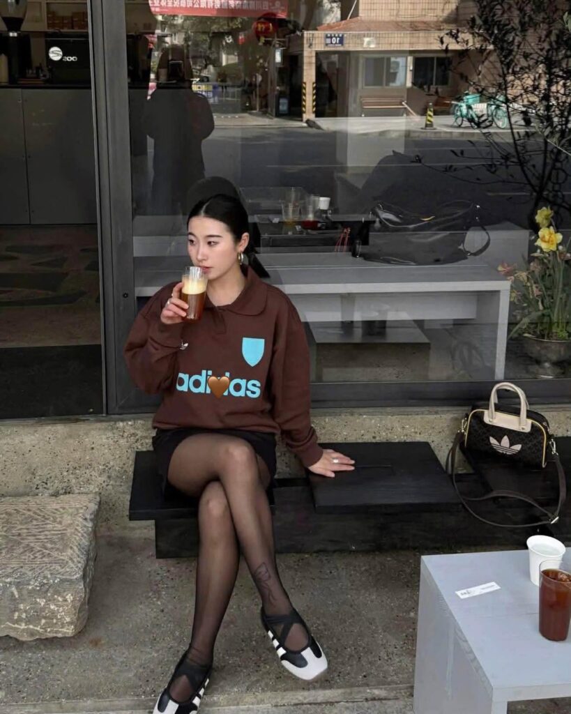 Brown Adidas Polo Sweater with Black Mini Skirt