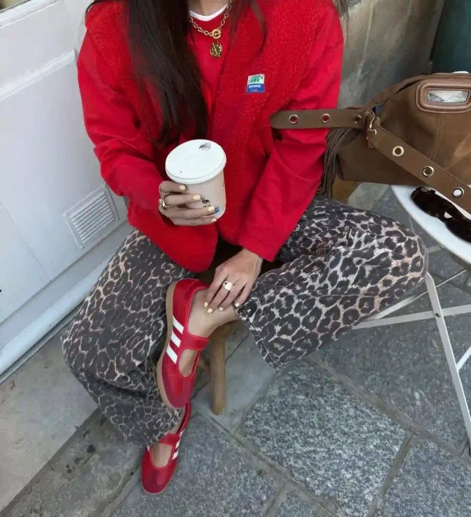Red Fleece Jacket with Leopard-Print Jeans and Red Adidas Sambas