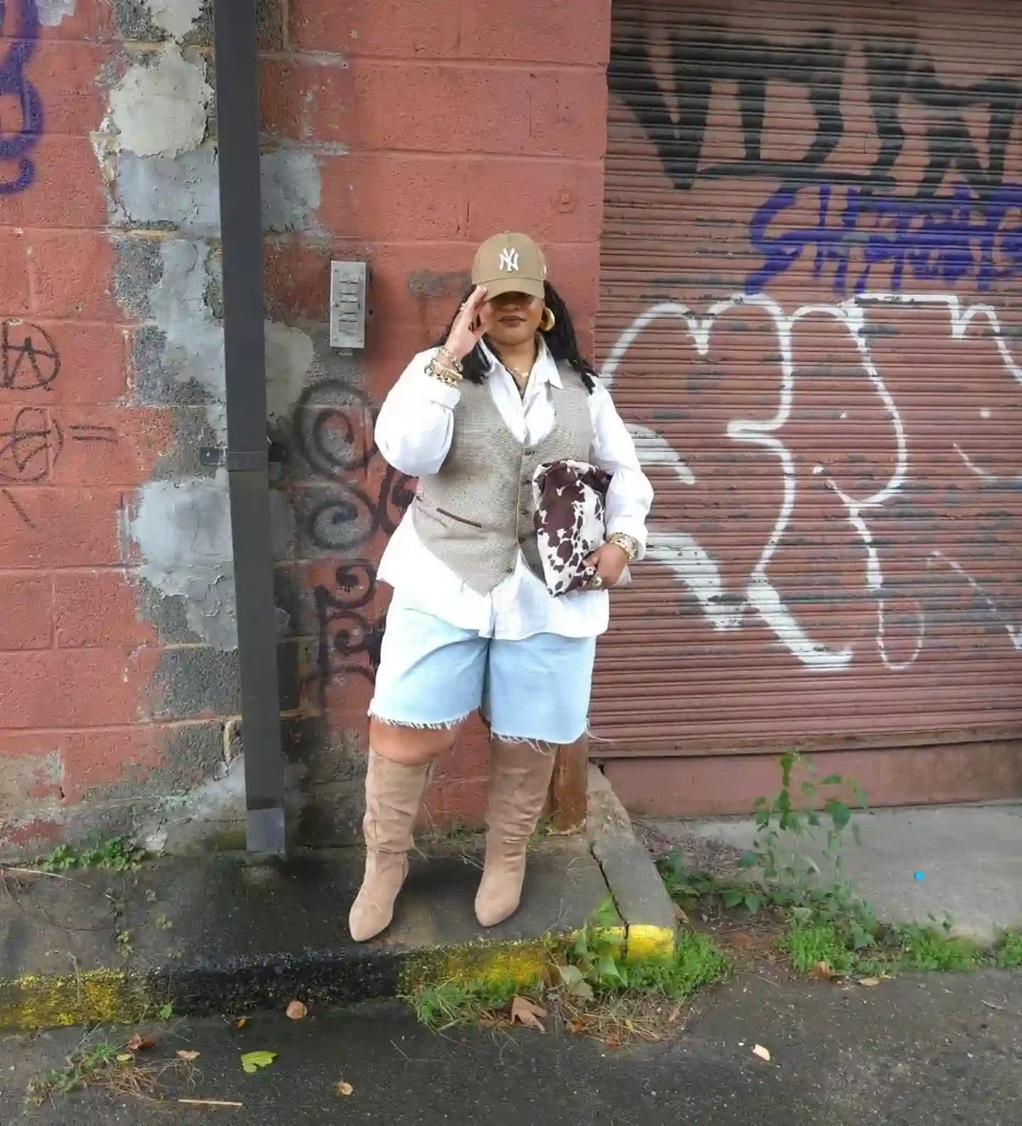 White Shirt with Denim Shorts and Knee High Boots Plus Size