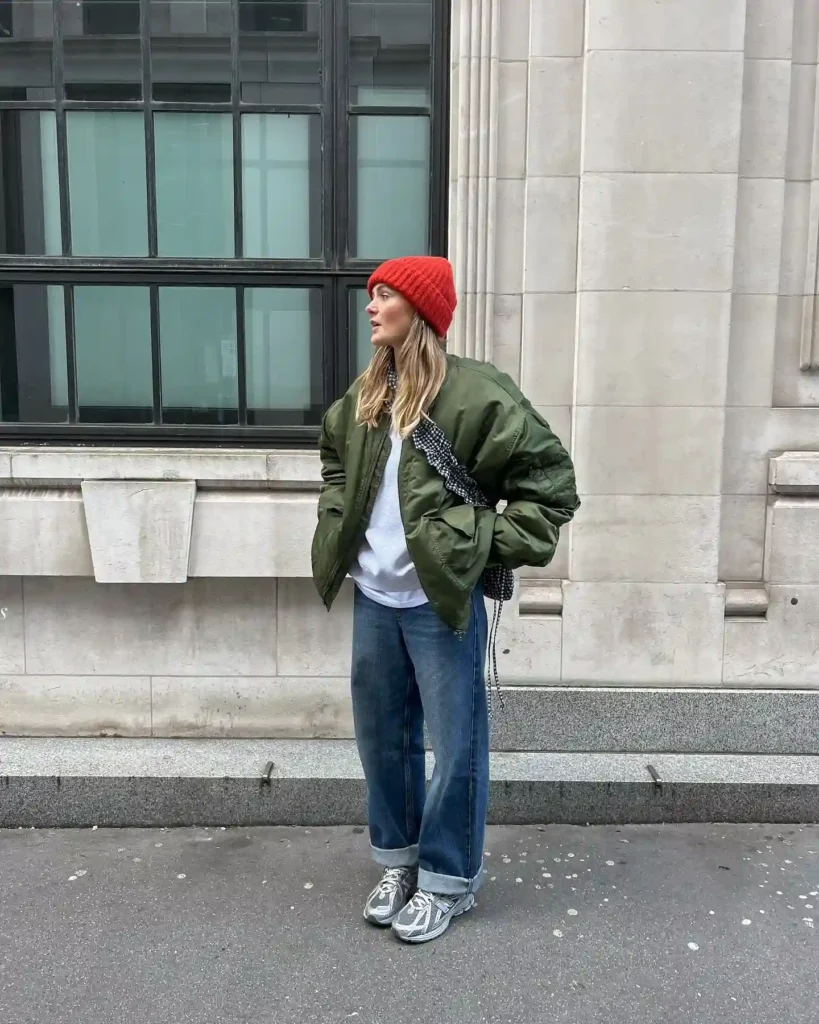 Oversized Bomber Jacket and Baggy Jeans with Silver Sneakers