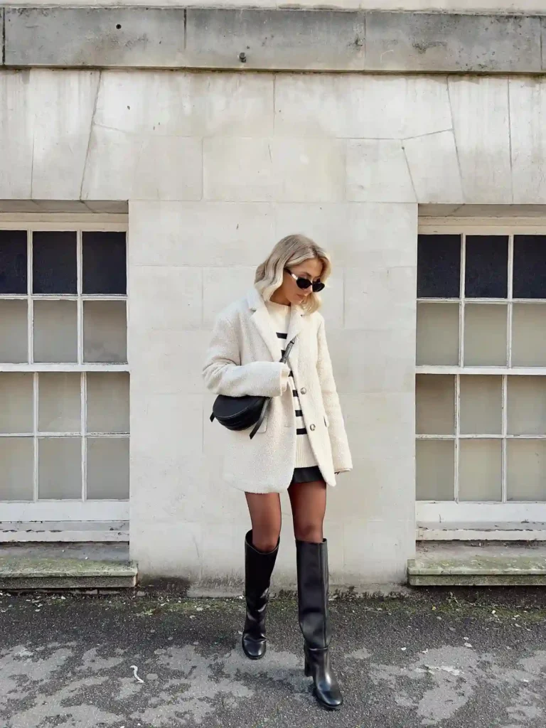 Teddy Coat and Striped Sweater with Knee High Boots