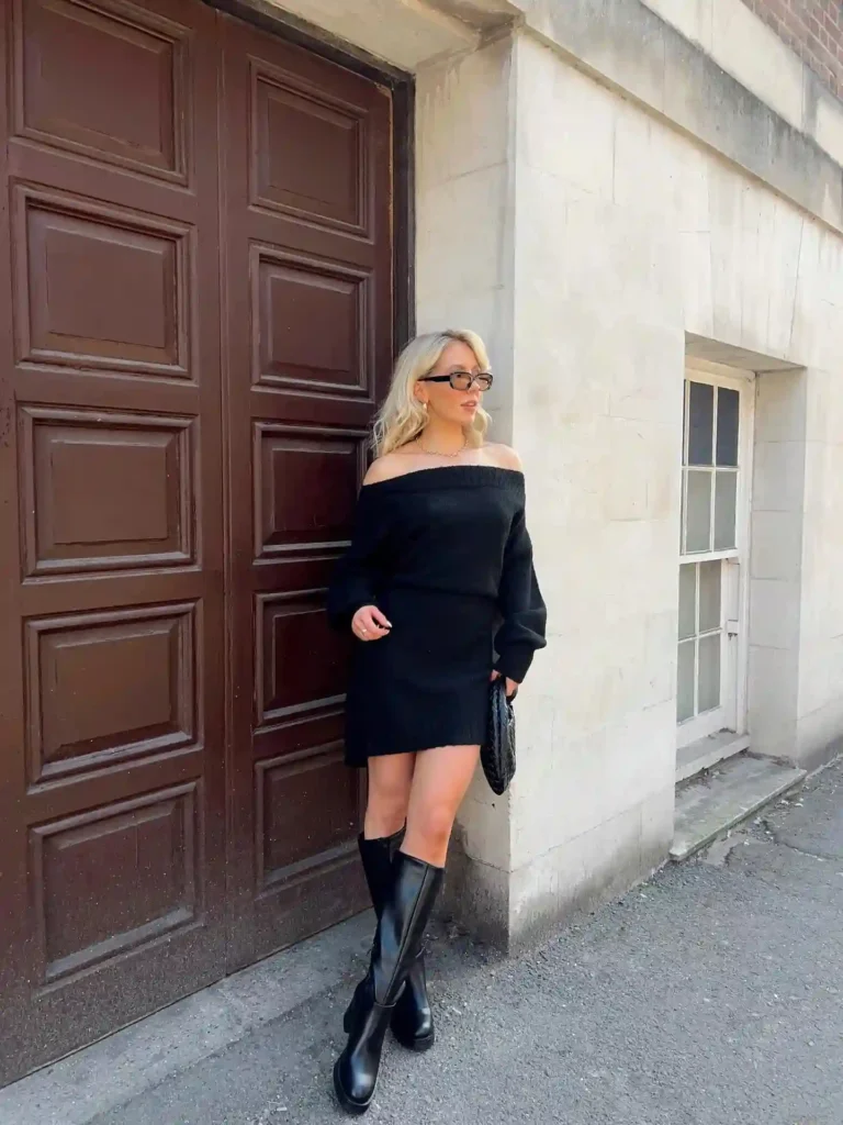 Off-Shoulder Sweater Dress with Knee-High Boots