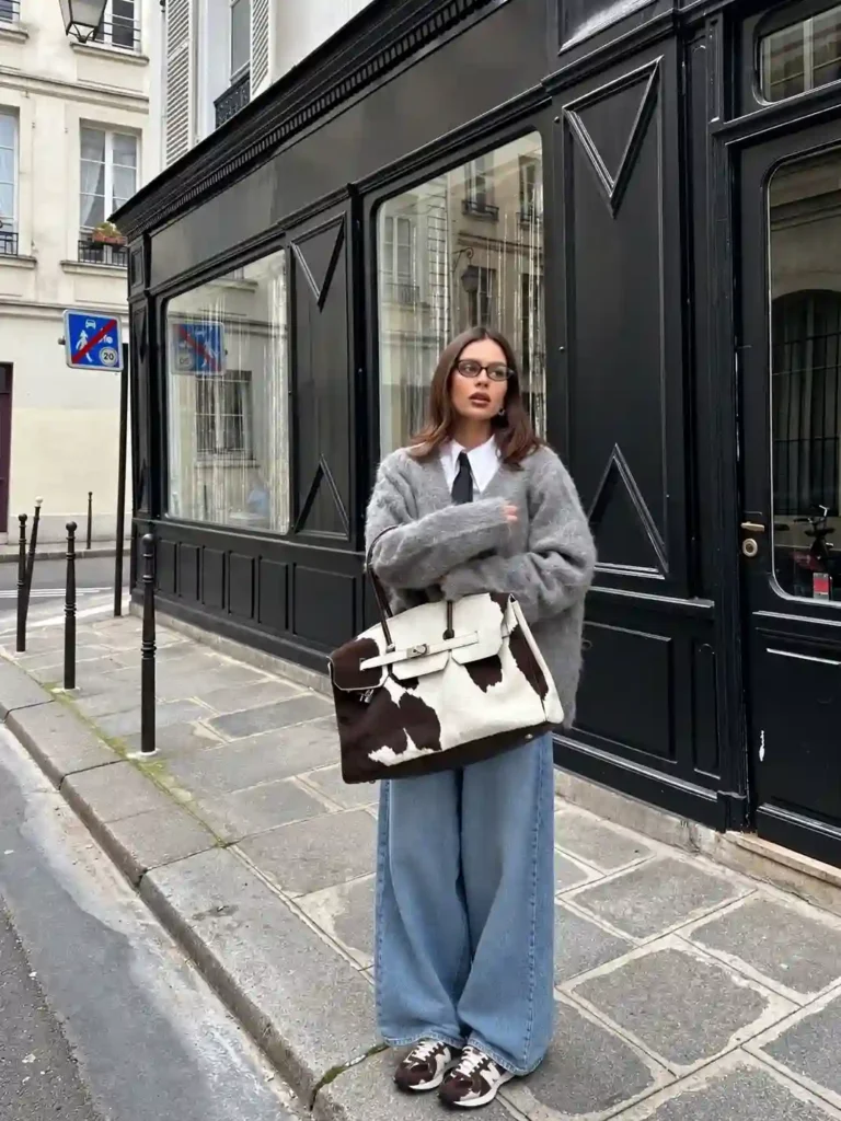 Mohair Cardigan and Wide-Leg Jeans with New Balance 327
