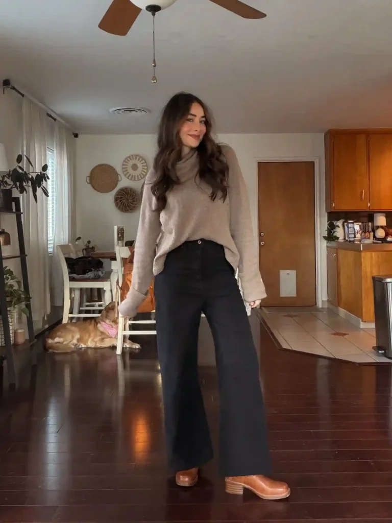 Slouchy Turtleneck and Wide-Leg Trousers with Frye Boots