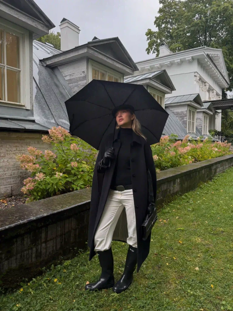 Long Coat and White Trousers with Tall Rain Boots