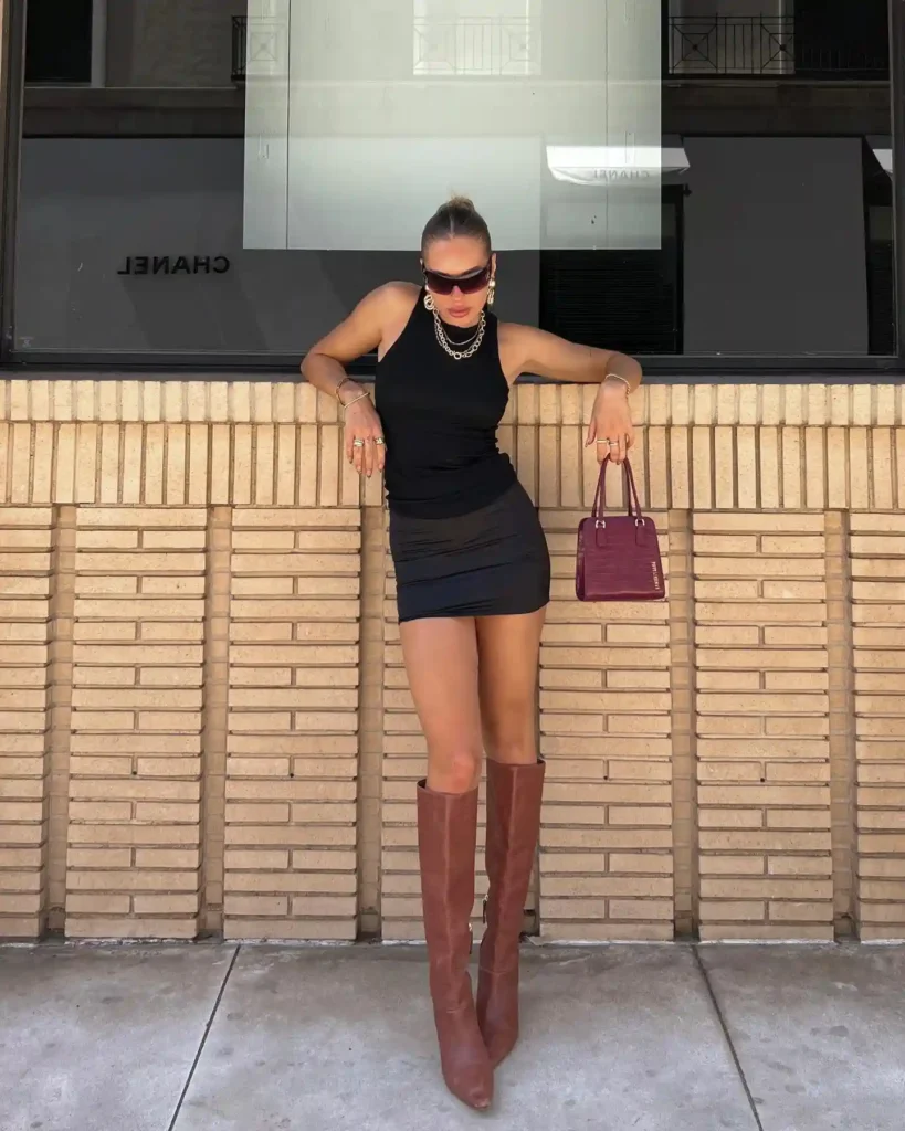 Black Bodycon Mini Dress with Brown Knee High Boots