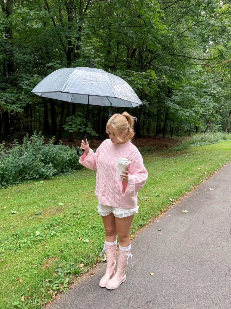 Cable Knit Sweater and Lace Shorts with Floral Rain Boots