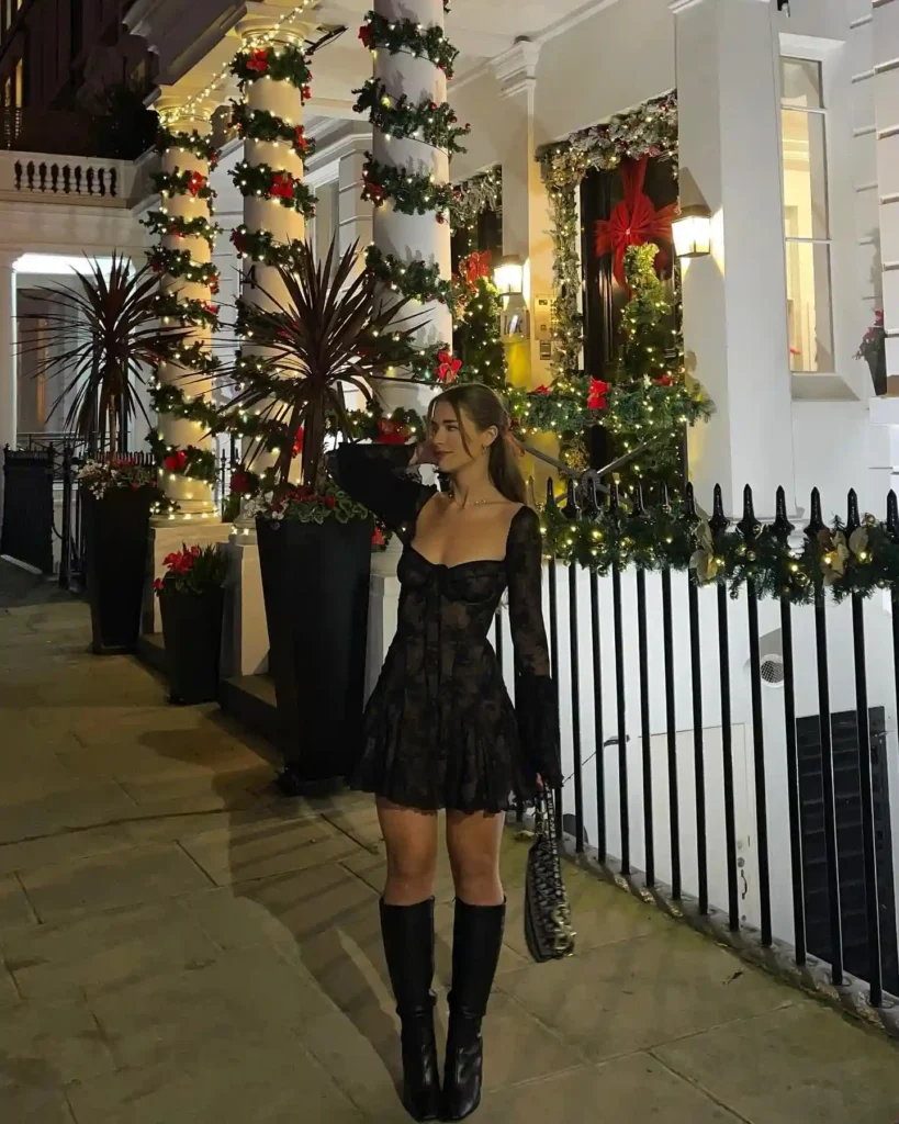 Black Lace Mini Dress with Tall Leather Boots
