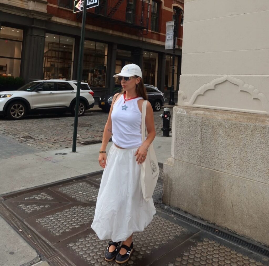 White Tank with Bubble-Hem Maxi Skirt and Adidas Samba Jane