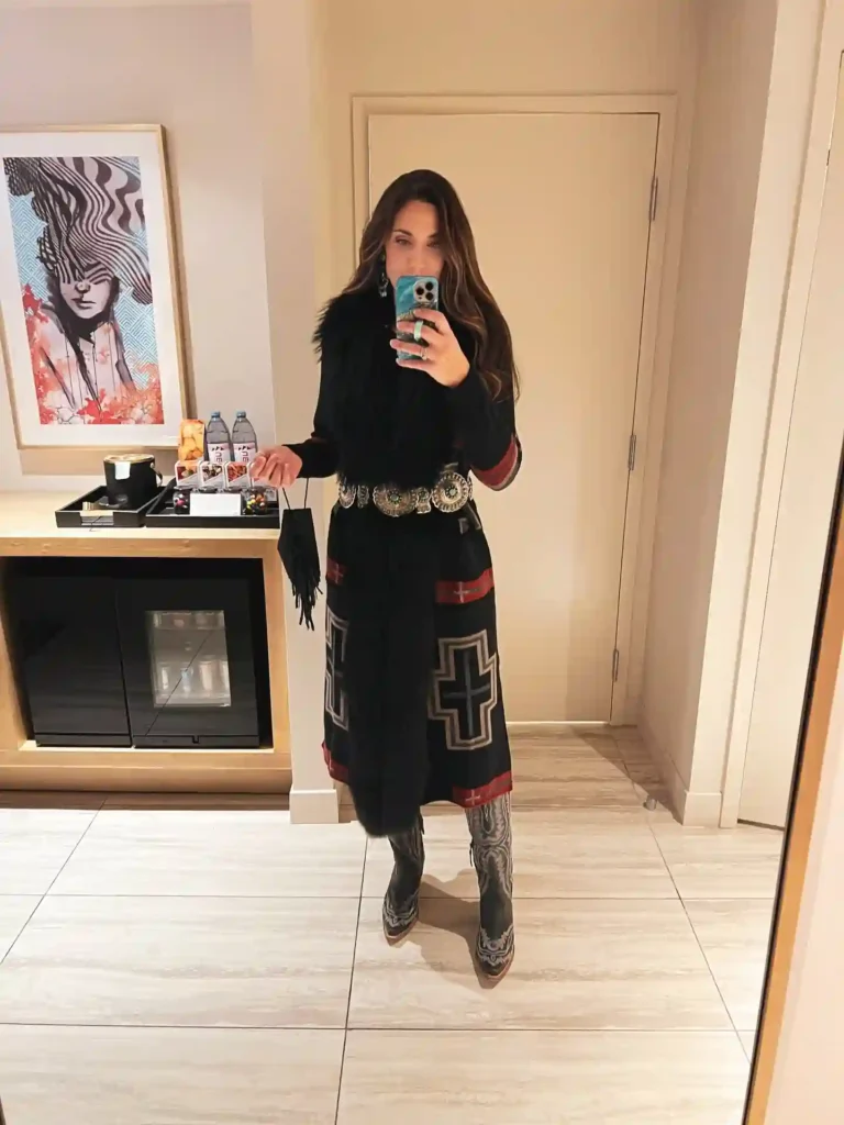 Aztec-Print Duster and Fur Trim with Western Cowboy Boots