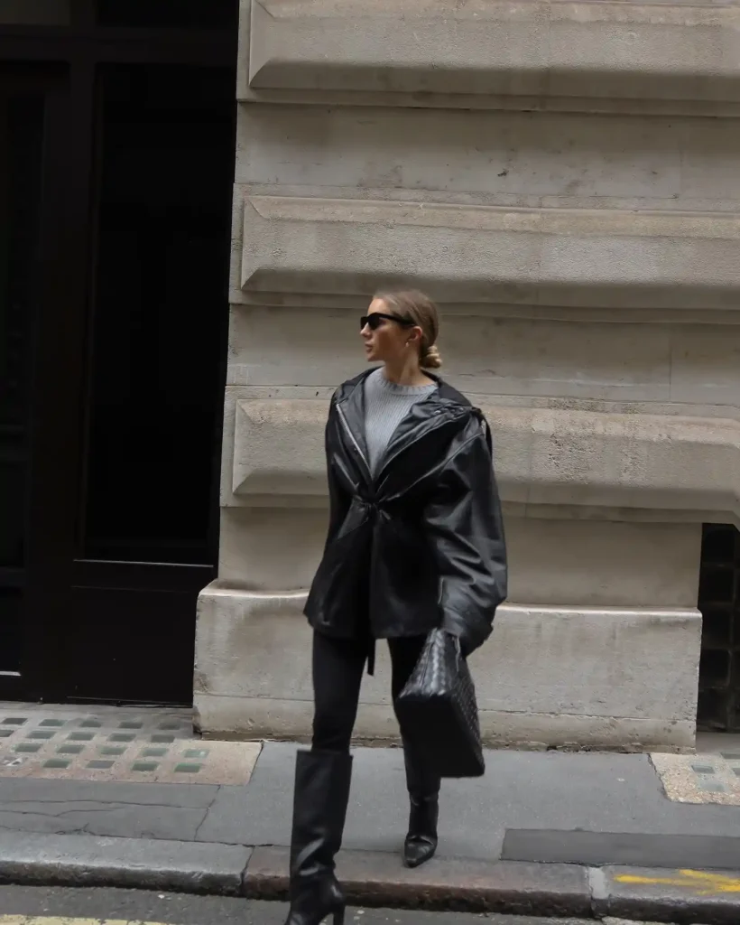 Oversized Leather Jacket with Grey Knit and Knee High Boots