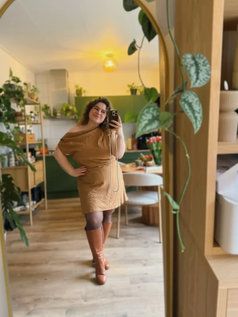 Brown Off-Shoulder Dress with Knee High Boots Plus Size