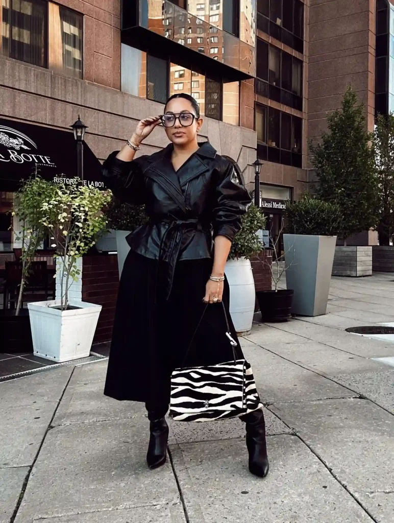 Belted Leather Jacket and Maxi Skirt with Black Boots