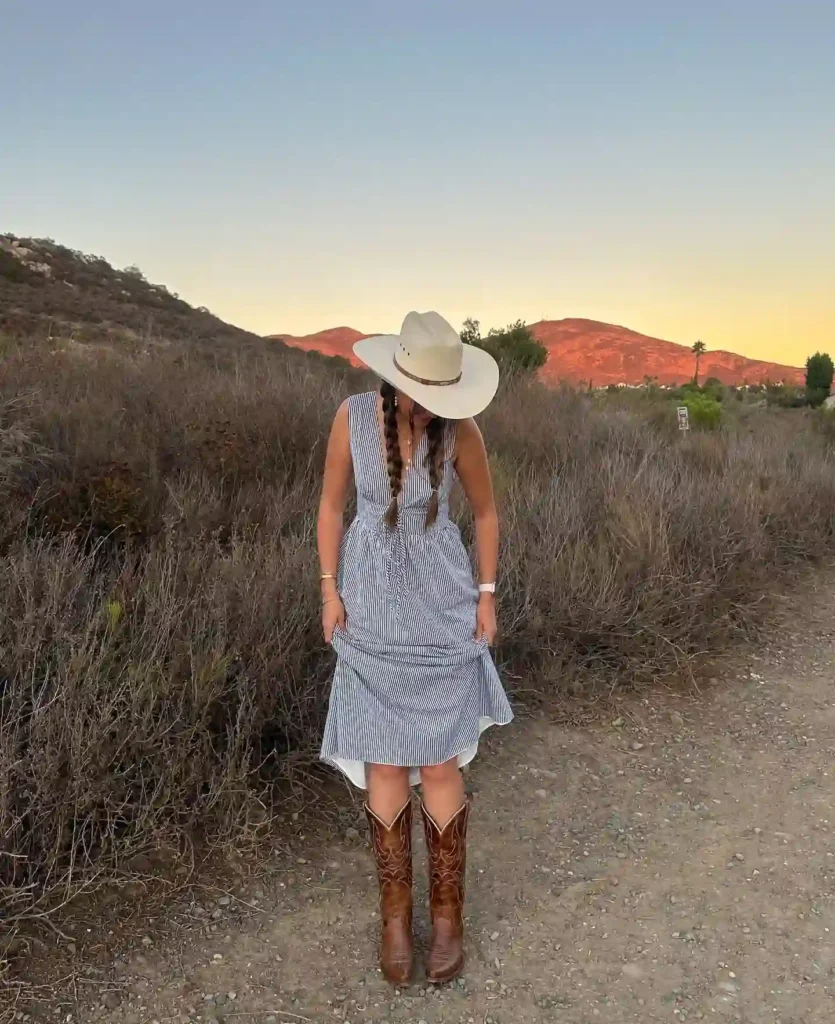 Striped Midi Dress with Brown Cowboy Boots