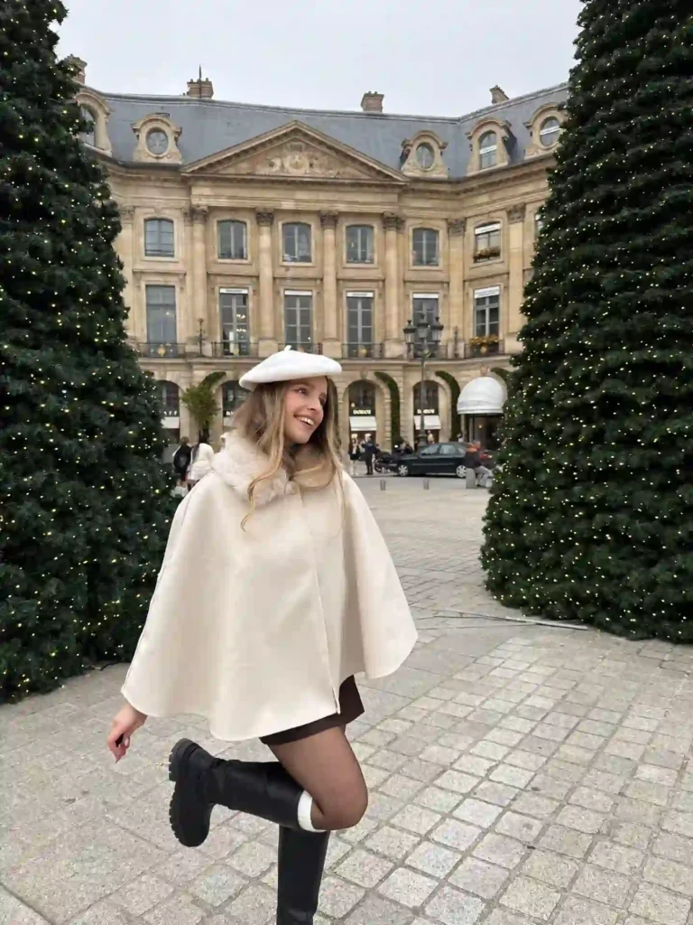 Fur-Collar Cape and Beret with Knee High Boots