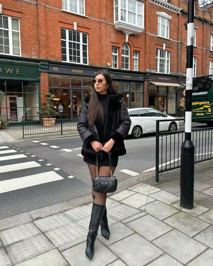 Shearling Aviator Jacket and Mini Skirt with Black Boots