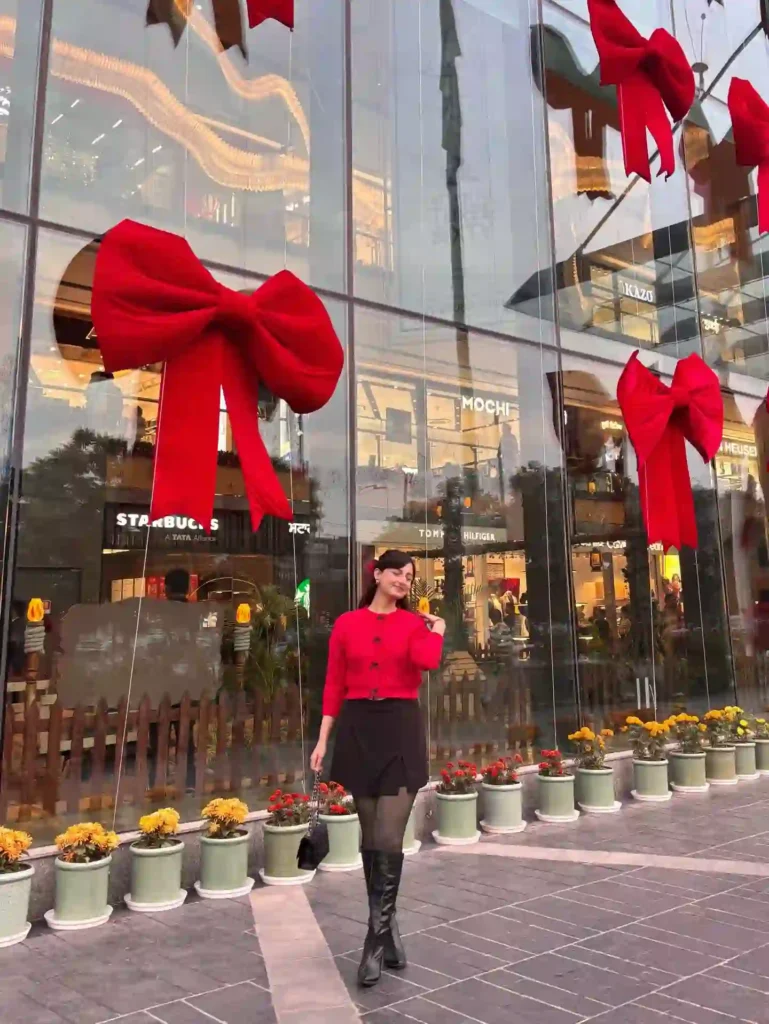 Red Cardigan and Mini Skirt with Knee High Boots