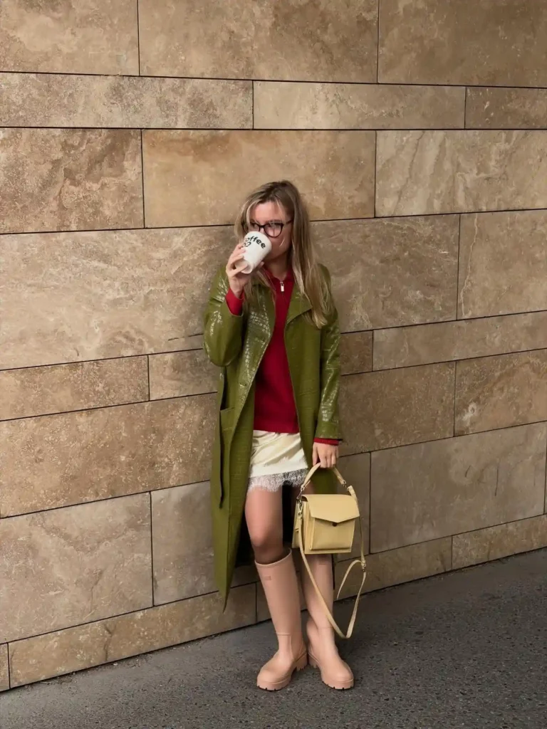 Croc Leather Coat and Slip Skirt with Tall Rain Boots