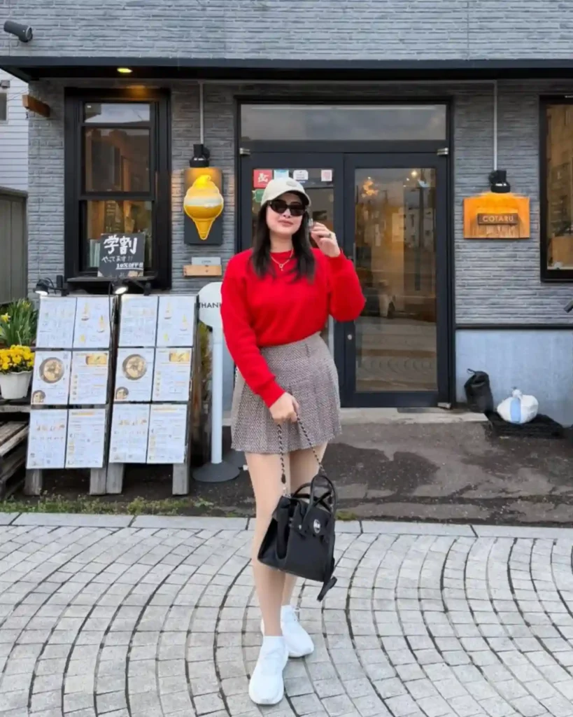 Red Knit Sweater and Tweed Skirt with White Sneakers