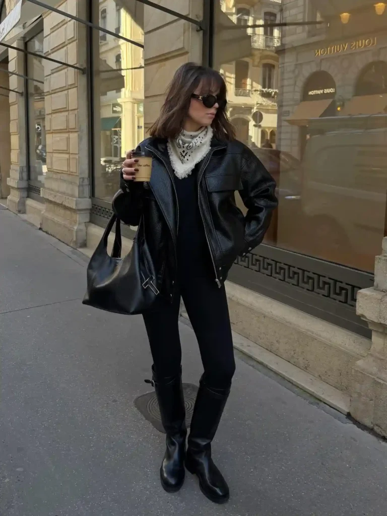 Oversized Leather Jacket and Leggings with Riding Black Boots