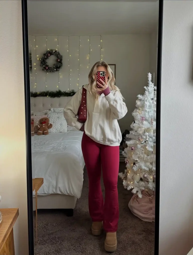 Cream Hoodie with Burgundy Flares and Tan Uggs