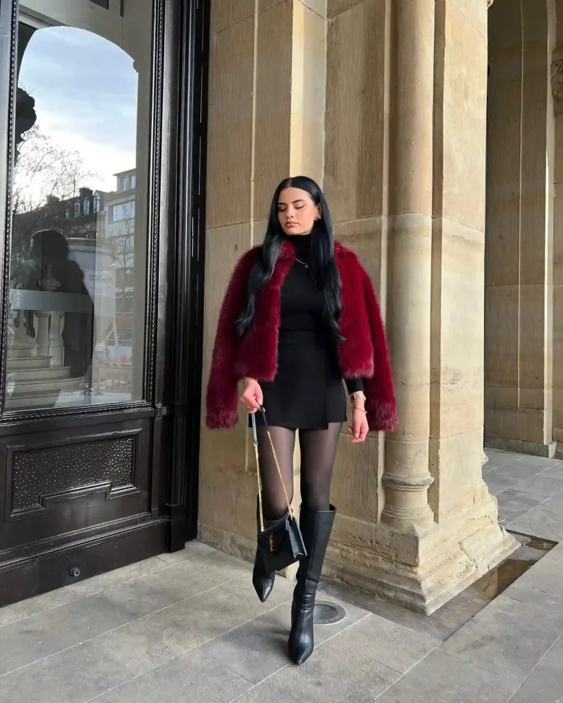 Burgundy Faux Fur Jacket and Mini Skirt with Black Boots