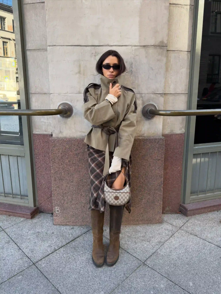 Belted Jacket and Plaid Midi Skirt with Brown Knee High Boots