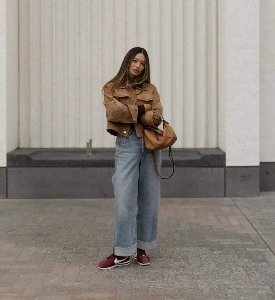 Suede Jacket and Wide-Leg Jeans with Retro Sneakers