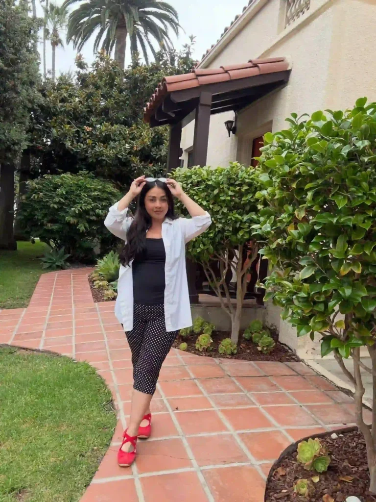 White Shirt with Polka Dot Capris and Red Mary Janes