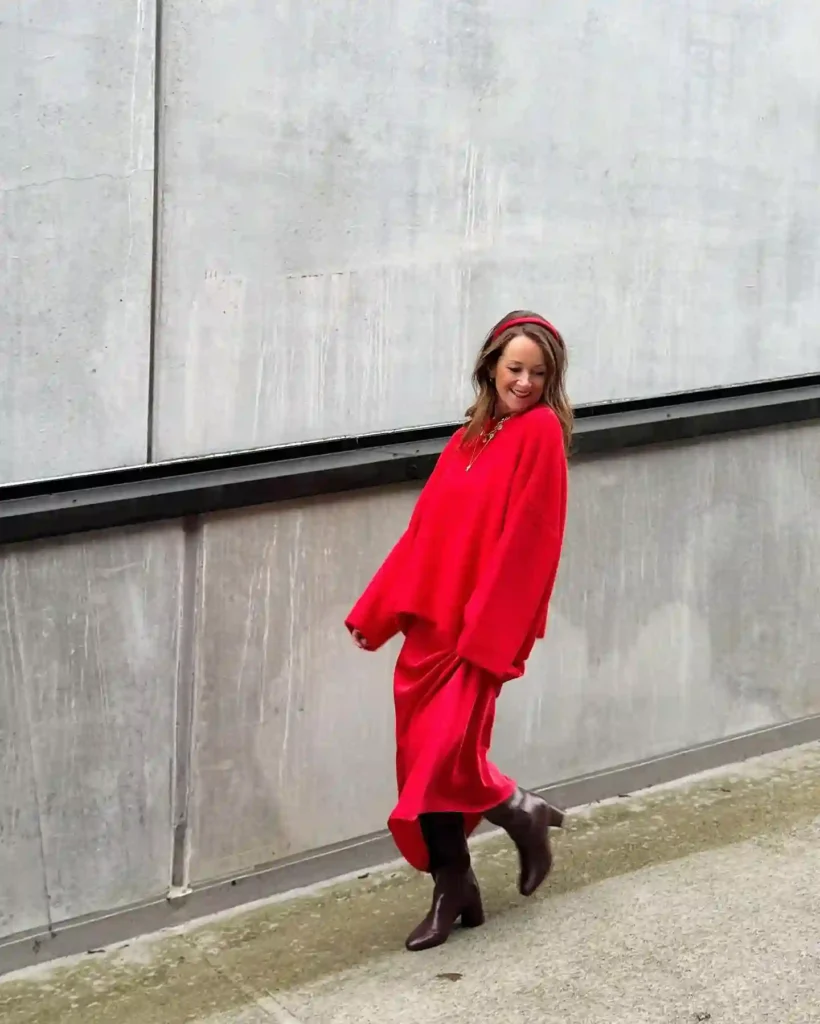 All-Red Knit and Satin Skirt with Brown Boots