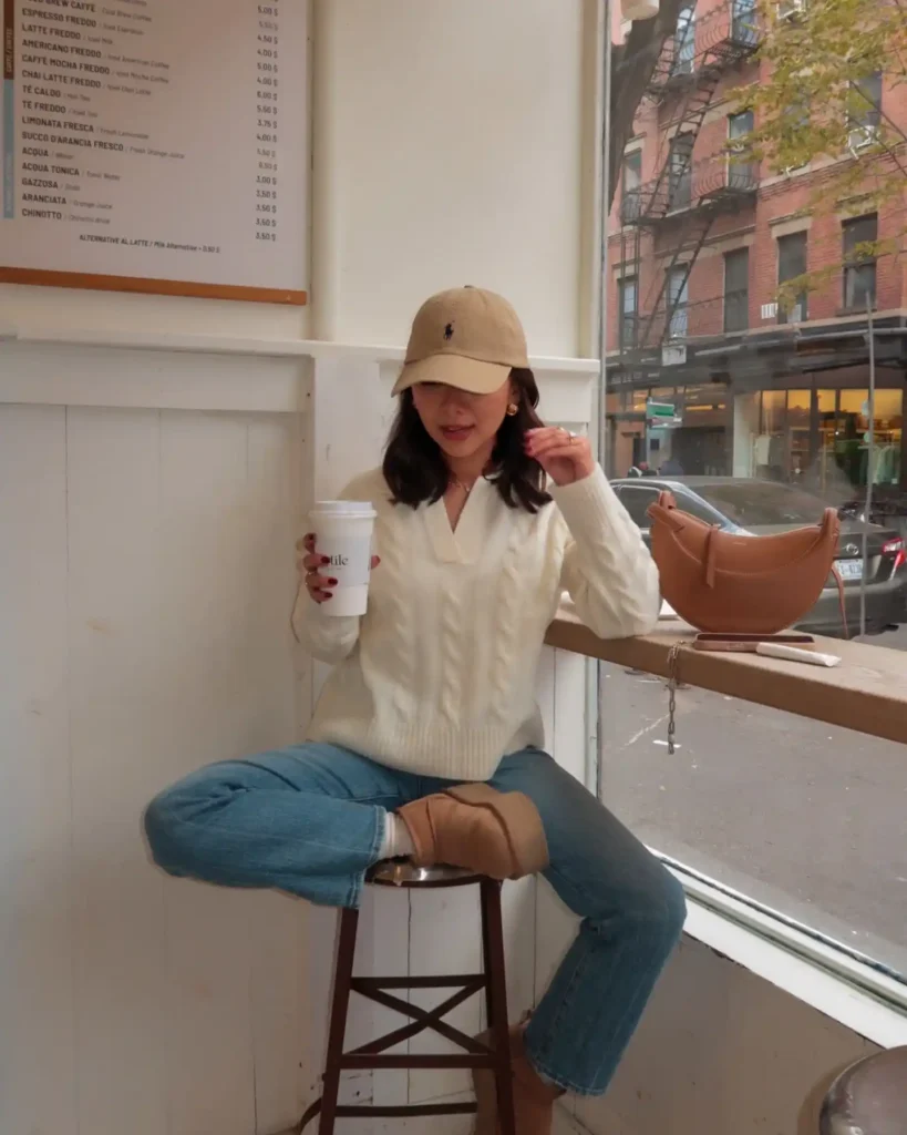 White Polo Knit with Straight Jeans and Chestnut Uggs