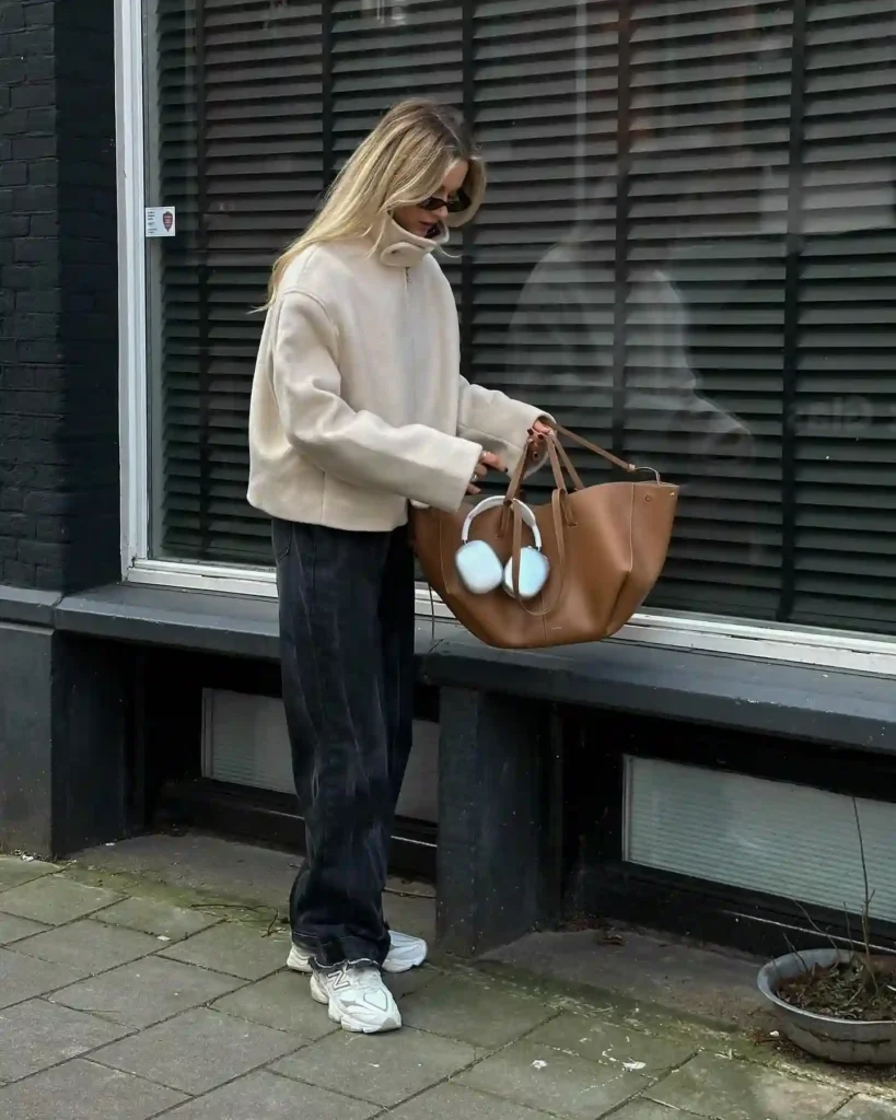 Cream Wool Jacket and Dark Jeans with New Balance 9060