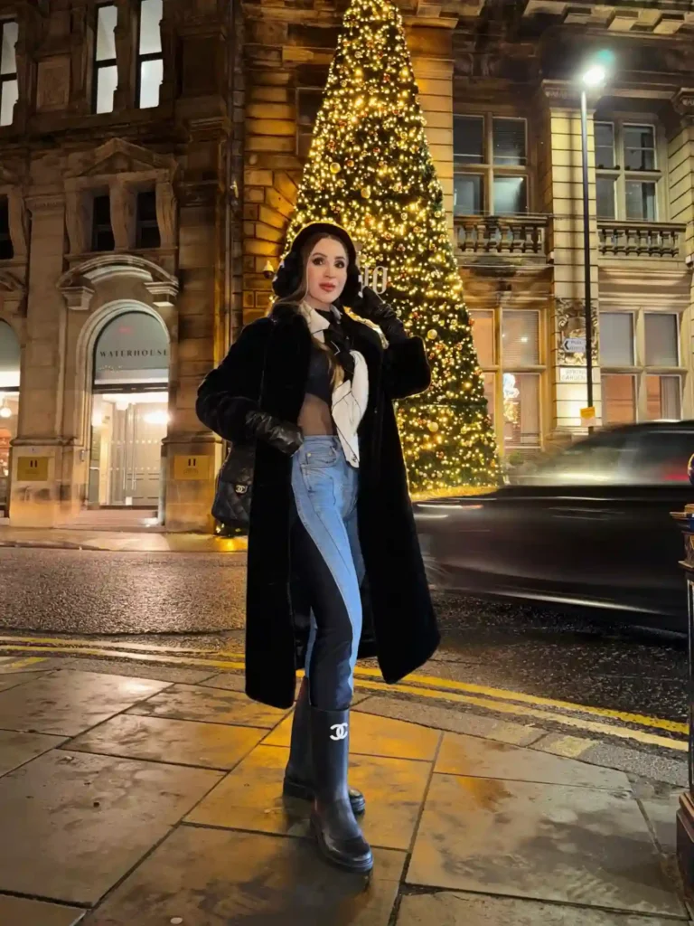 Long Faux Fur Coat and Two-Tone Jeans with Tall Boots