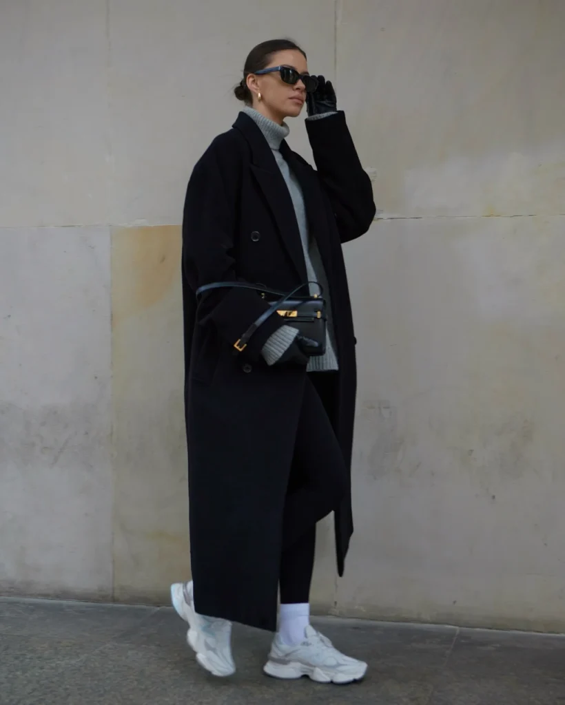 Long Black Coat and Turtleneck with New Balance 9060