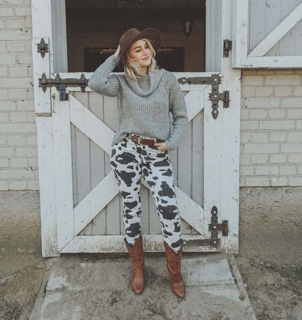Cowl-Neck Sweater and Cow Print Jeans with Brown Cowboy Boots